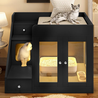 Cat Litter Box Enclosure with Light, Hidden Litter Box Furniture with 2 Storage Drawers & Smart Doors, Cat House Side Table for Living Room Entryway (Black)1