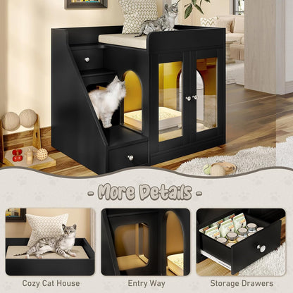 Cat Litter Box Enclosure with Light, Hidden Litter Box Furniture with 2 Storage Drawers & Smart Doors, Cat House Side Table for Living Room Entryway (Black)4