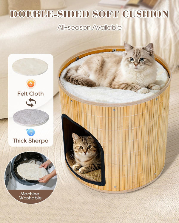 SYANDLVY Large Cat House, Kitten Condo with Bed for Indoor Cats, Portable ﻿ | 2-Tier Foldable Natural Bamboo Cave with Double-Sided Cushion, 15.5"X15.7" Washable Kitten Hideout5