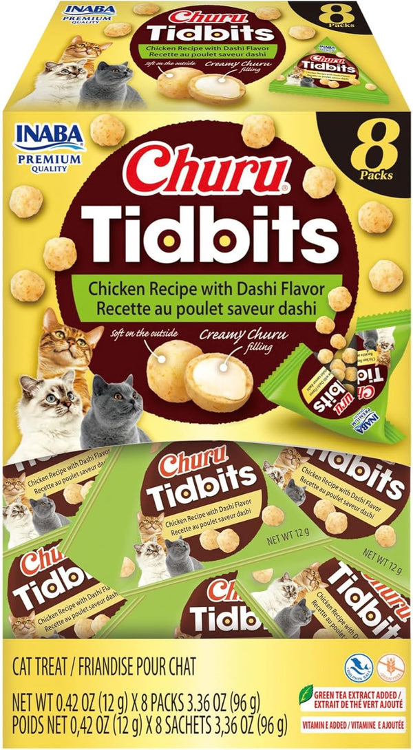 INABA Churu Tidbits Chewy Cat Treats, Tuna Salmon, 8Ct | Immune Support, Antioxidant Support, 70% Moisture, Training Treat, Dual Texture, 8 X 0.42 Oz Packs7