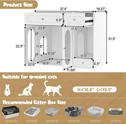 Hidden Cat Litter Box Enclosure Furniture with LED Light, Modern Litter Box Cabinet with Drawers & Acrylic Door, Multi-Entry Cat House Sideboard for Living Room, 37.4"W X 15.6"D X 31.5"H,White2