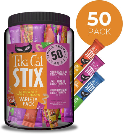 Tiki Cat Stix Mousse Treats, Single Serve Indulgent Lickable Treat or Dry Food Topper, Variety Mega Jar, 0.5 Oz. Servings (50 Count)2