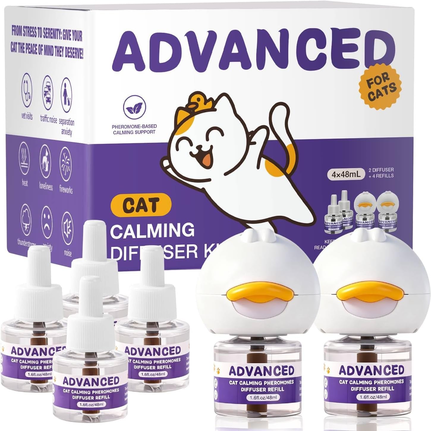 cat-calming-diffuser-kit-with-2-diffusers-4-refills-48ml-each-cat-pheromones-calming-diffuser-for-cat-anxiety-relief-stress-reduction-behavior-support-30-day-refills-suitable-for-all-cats
