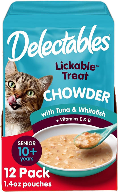 Delectables Lickable Treat Chowder Wet Cat Treat with Real Tuna & Chicken, Food Topper, Hydrating, Grain-Free, No Fillers, By-Products, Added Preservatives, 1.4Oz Pouch, 12Ct10