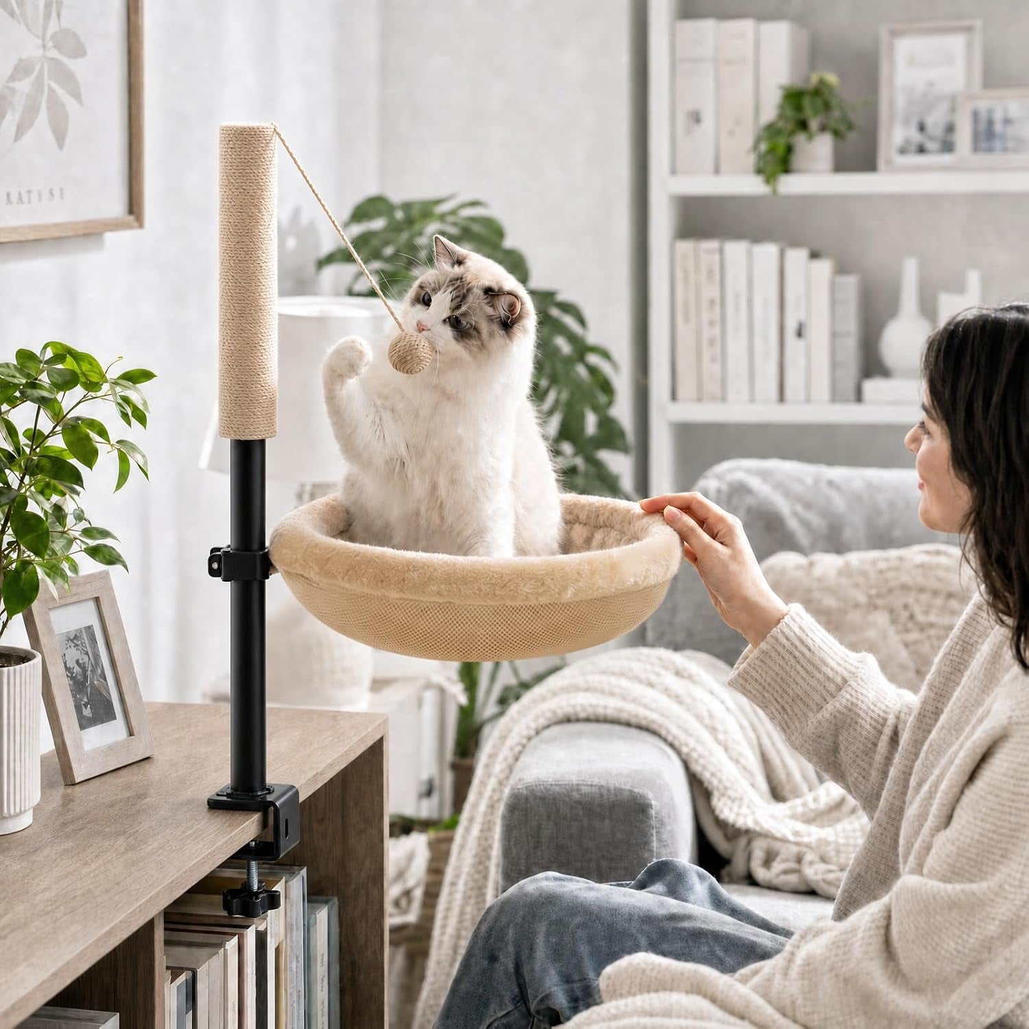 cat-desk-bed-with-scratching-post-clamp-on-360-rotating-camel-adjustable-height-reversible-machine-washable-cover-alloy-steel-frame-space-saving-perch-supports-cats-up-to-45-pounds