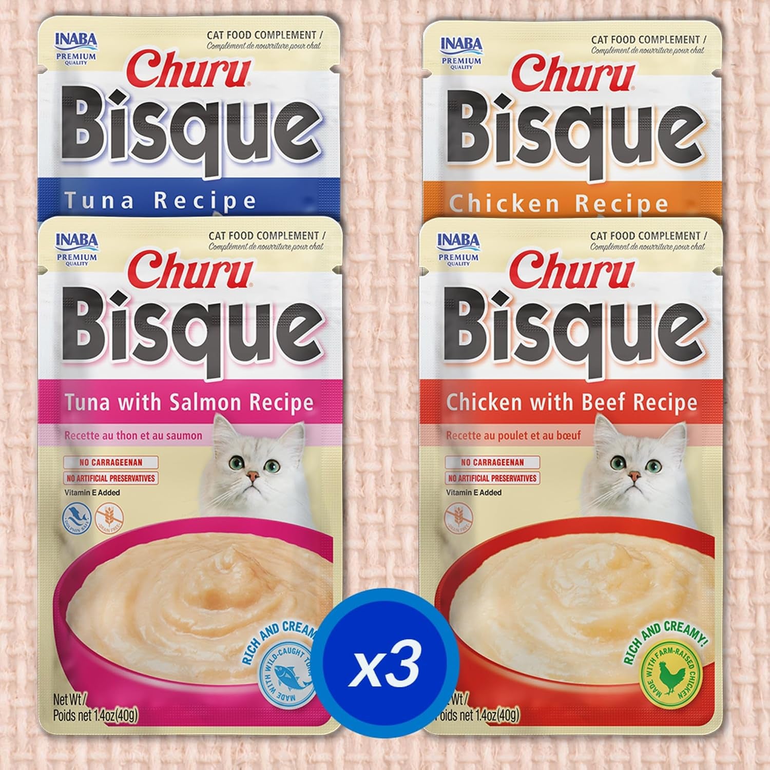 inaba-churu-bisque-for-cats-creamy-lickable-puree-side-dish-with-vitamin-e-1-4-ounces-per-pouch-12-pouches-tuna-chicken-variety