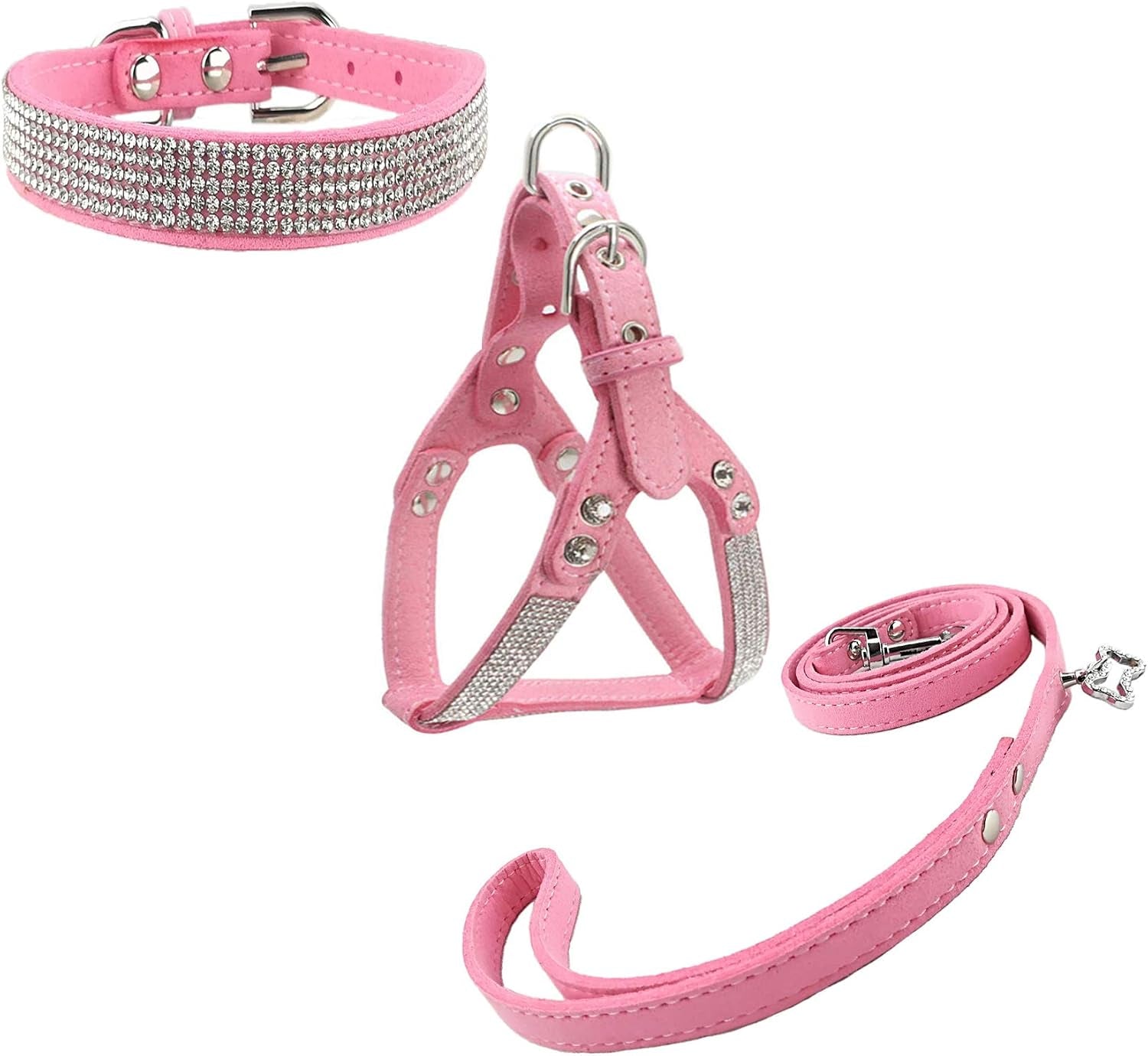 dog-collar-harness-lead-sets-fashion-dog-collar-diamante-with-harness-leashes-comfortable-soft-collar-harness-and-leashes-set-for-dog-pink-xs