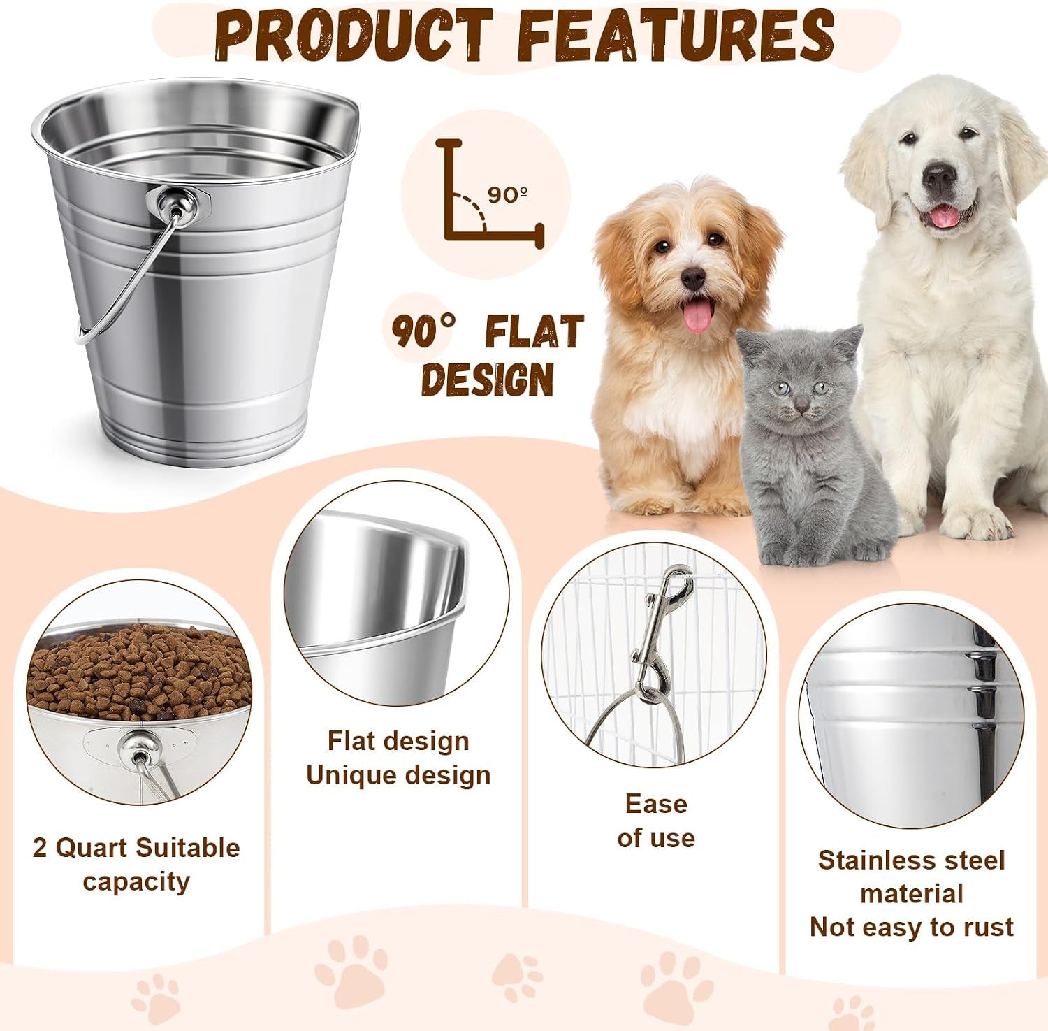 mumufy-4-set-2-quart-stainless-steel-flat-side-bucket-durable-water-pails-with-double-ended-snaps-small-metal-bucket-flat-back-water-pails-for-dogs-cats-kennels-cages-fences-pet-container