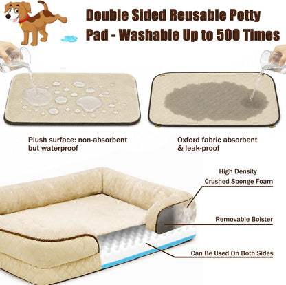 Large Dog Sofa Bed with Reusable Potty Pad - 44.5" X 33.5" X 6.7" Beige Dog Sofa with Soft Plush Surface, Raised Bolsters, Removable Bolster, and Non-Slip Bottom for Large Dogs - Xlarge2