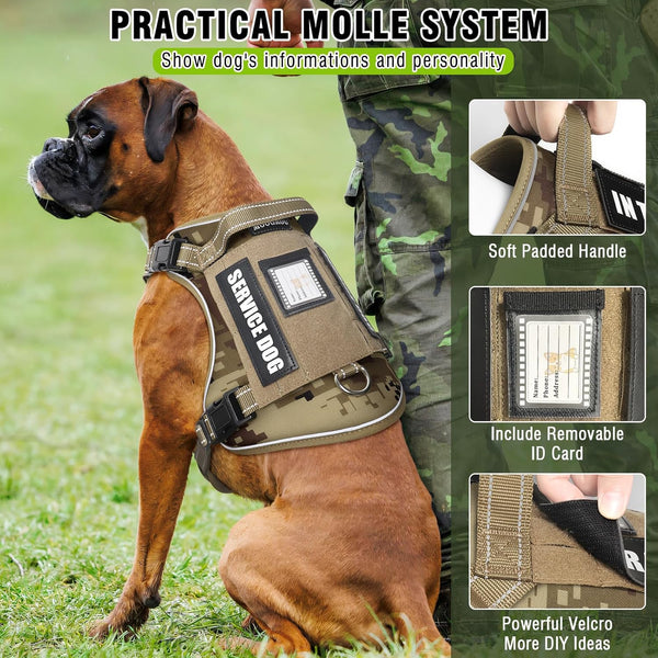 Tactical Dog Harness and Leash Set with 10 Patches for Large Dogs | Heavy Duty No Pull Service Animal Dog Vest with Dog Seat Belt ,Adjustable Reflective Easy Walk for Training Hiking Camo L3