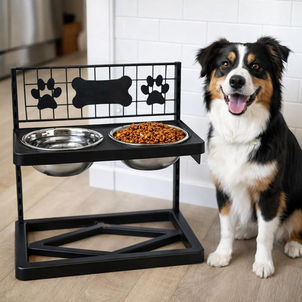 Elevated Dog Bowls Raised Pet Feeder Adjustable Dog Bowl Stand with Stainless Steel Bowls and ABS Frame, Double Dog Feeding Station with Paw Print Bone Decor for Medium Large Dogs3