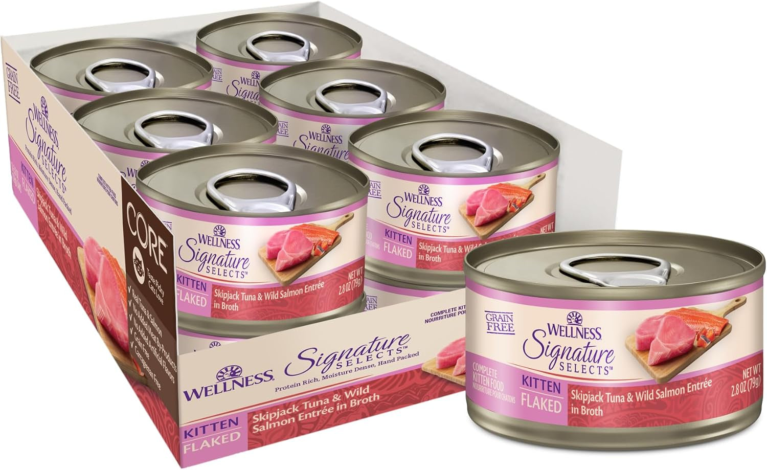 wellness-core-signature-selects-flaked-adult-canned-wet-cat-food-natural-protein-rich-grain-free-skipjack-tuna-and-wild-salmon-entree-recipe-2-8-oz-pack-of-12-cans