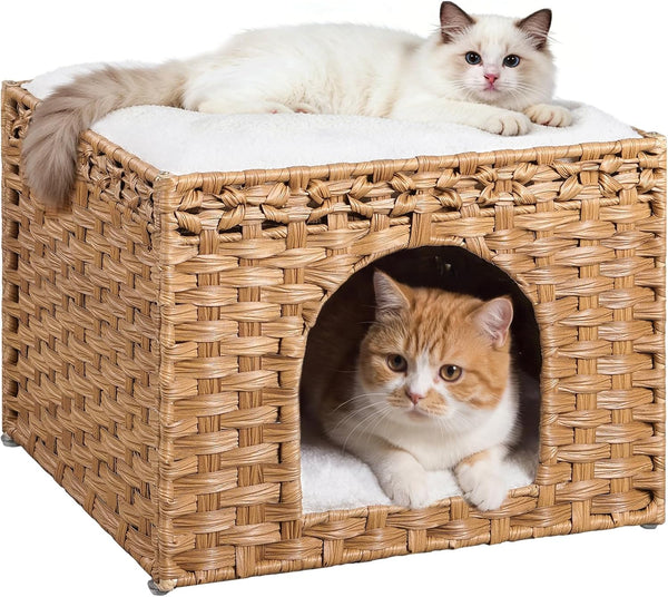Snughome Handwoven Rattan Cat House - Indoor Foldable Cat Bed Cave with 2 Removable Bed Mats, Large Kitten House, Hideaway Pet Cube, 16.54 X 16.54 X 12.6 Inches, Grey, for Living Room & Bedroom9