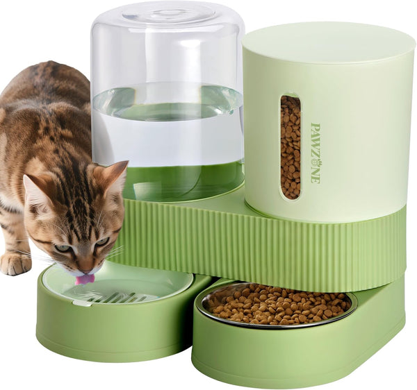 Automatic Cat Feeder Stainless Steel Water Dispenser Gravity Food Feeder and Waterer Set with Pet Food Bowl for Small Medium Kitten Puppy Pets Large Capacity(Green)1