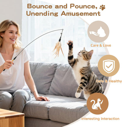 Pawaboo Feather Teaser Cat Toy - Interactive Wand with Extra Long 34.5" Wand and Small Bell, Fun Exerciser Playing Toy for Kittens or Cats, Brown Feather5