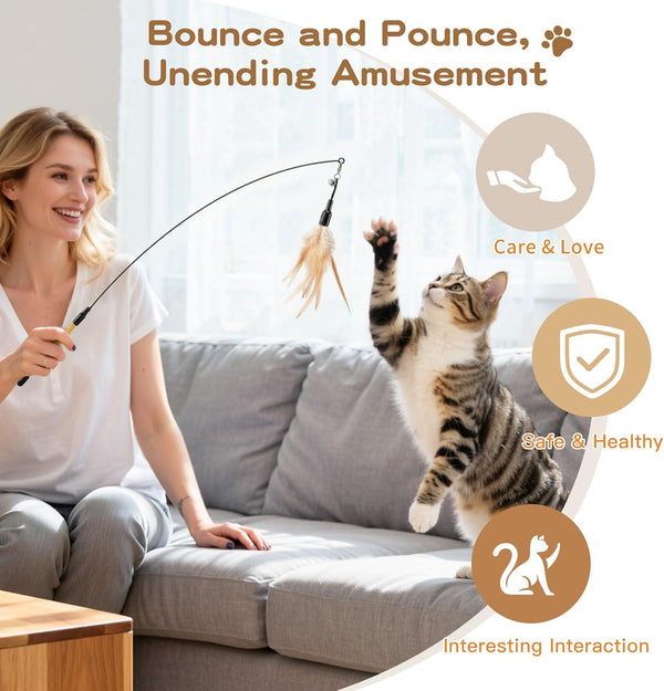 Pawaboo Feather Teaser Cat Toy - Interactive Wand with Extra Long 34.5" Wand and Small Bell, Fun Exerciser Playing Toy for Kittens or Cats, Brown Feather5