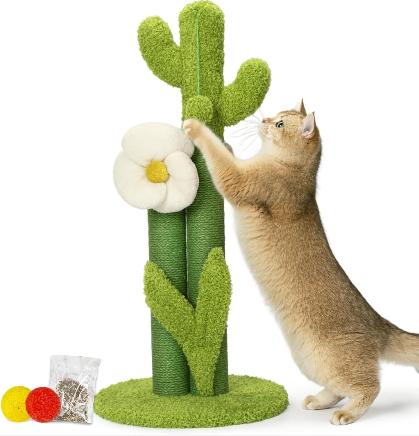 happi-n-pets-33-tall-cactus-cat-scratching-post-for-large-cats-heavy-duty-double-scratch-posts-with-flower-crinkle-leaves-cactus-cat-tree-with-2-bonus-toy-catnip-green-stable-scratching-post