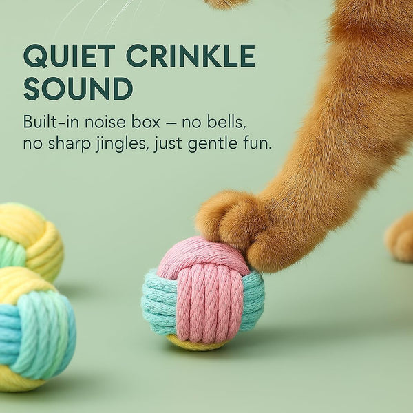 Cat Chew Balls – 6-Pack Rope Cat Toys with Crinkle Sound, Soft and Durable, for Indoor Cats, Kittens, Teeth & Gum Health3