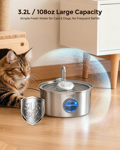 Invengo Cat Water Fountain Stainless Steel, 108Oz/3.2L Pet Fountain with Large Water Level Window, Ultra Quiet Automatic Cat Water Dispenser for Cats and Dogs, 2 Flow Modes, Splash-Proof Design3