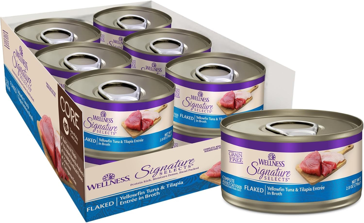 wellness-core-signature-selects-flaked-adult-canned-wet-cat-food-natural-protein-rich-grain-free-skipjack-tuna-and-wild-salmon-entree-recipe-2-8-oz-pack-of-12-cans