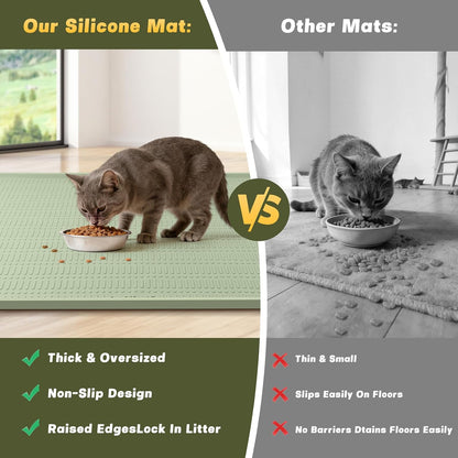 47" X 35" Silicone Cat Food Mat, Waterproof Pet Feeding Mat with Raised Edge, Extra Large Cat Bowl Mat Water Bowl Placemats for Cats, Non-Slip, Protects Floors, Easy to Clean (Light Green)4