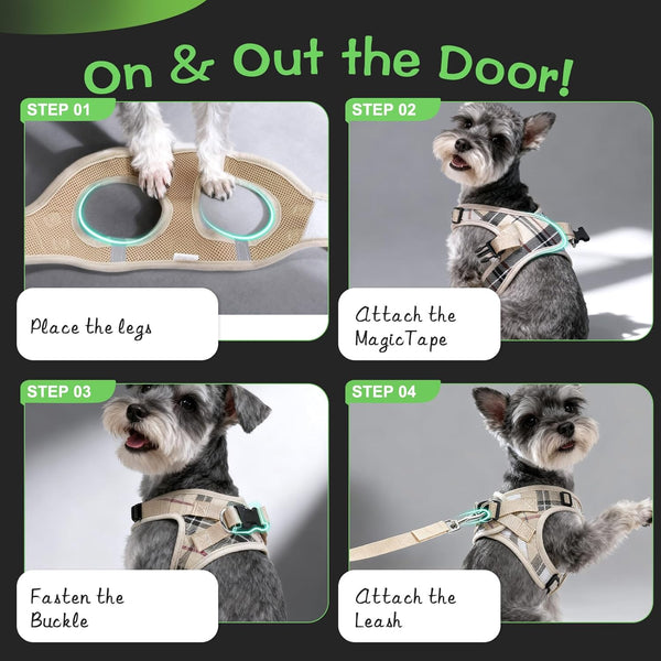 EXPAWLORER Plaid Small Dog Harness and Leash Set with Airtag Holder - No Pull Soft Padded Step in Dog Vest Harness Medium Sized Dog, Reflective Puppy Harness, Collar and Leash for Walking, Khaki S5