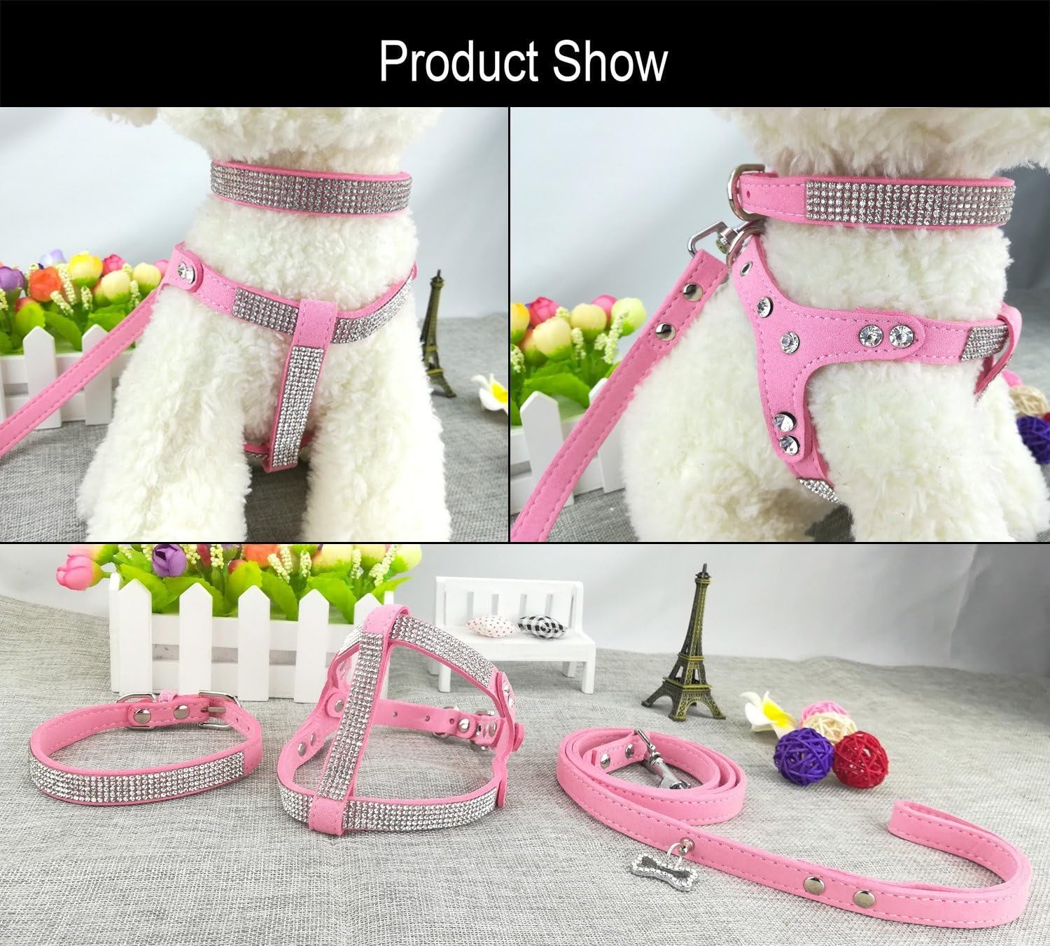 dog-collar-harness-lead-sets-fashion-dog-collar-diamante-with-harness-leashes-comfortable-soft-collar-harness-and-leashes-set-for-dog-pink-xs