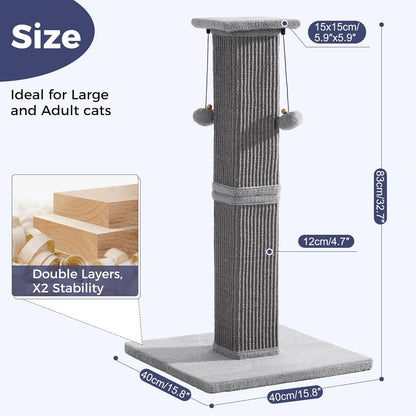Tall Cat Scratching Post 33” Heavy Duty Sisal Scratcher Post | Modern Cat Scratching Post with Heavy Duty Base for Sturdy, Large 33" Vertical Sisal Rope Post & 2 Cat Toy Balls for Cat-Gray2