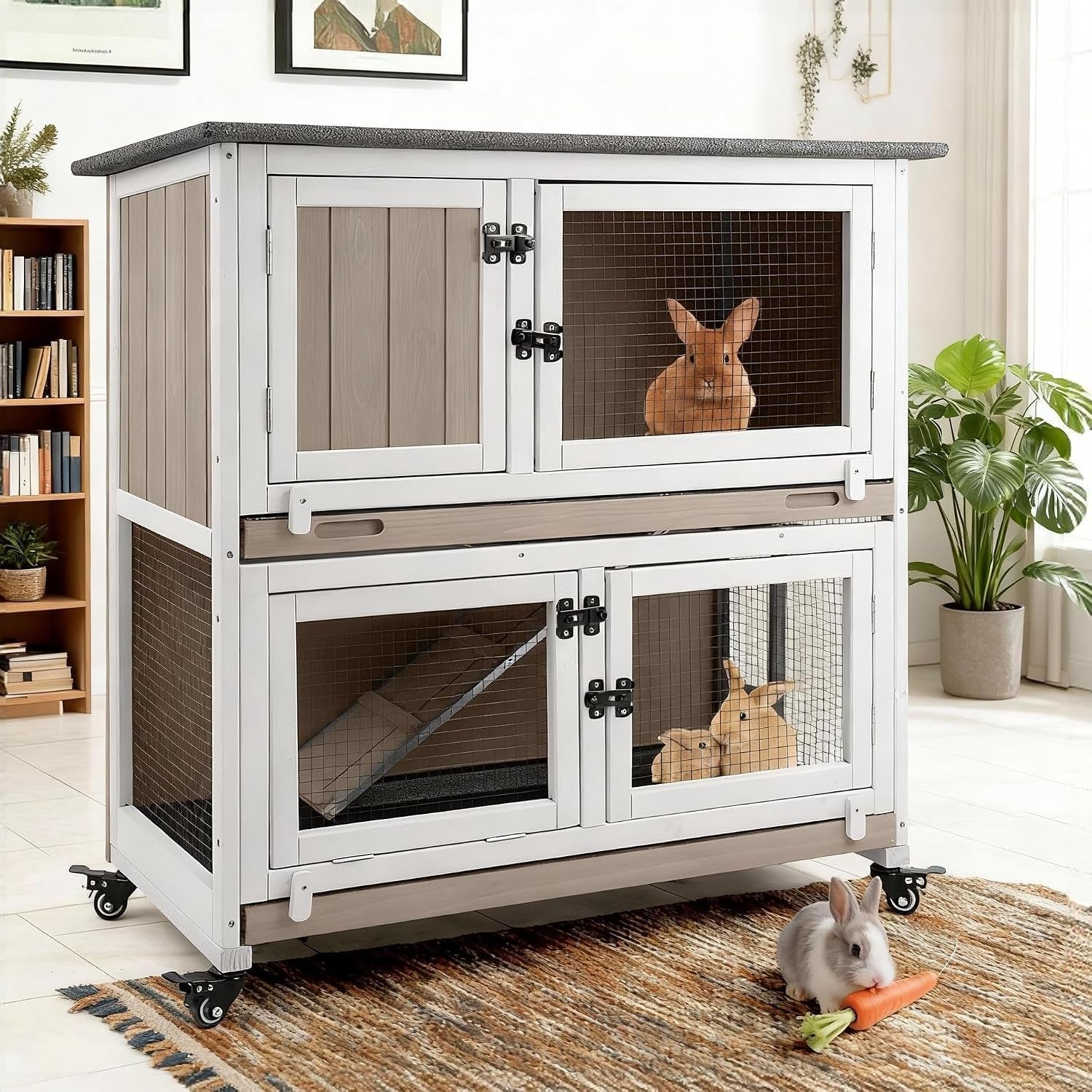 2-story-rabbit-hutch-outdoor-indoor-wooden-bunny-cage-with-6-lockable-wheels-3-removable-no-leakage-pull-out-trays-chew-proof-ramp-waterproof-roof-ideal-for-rabbit-guinea-pig
