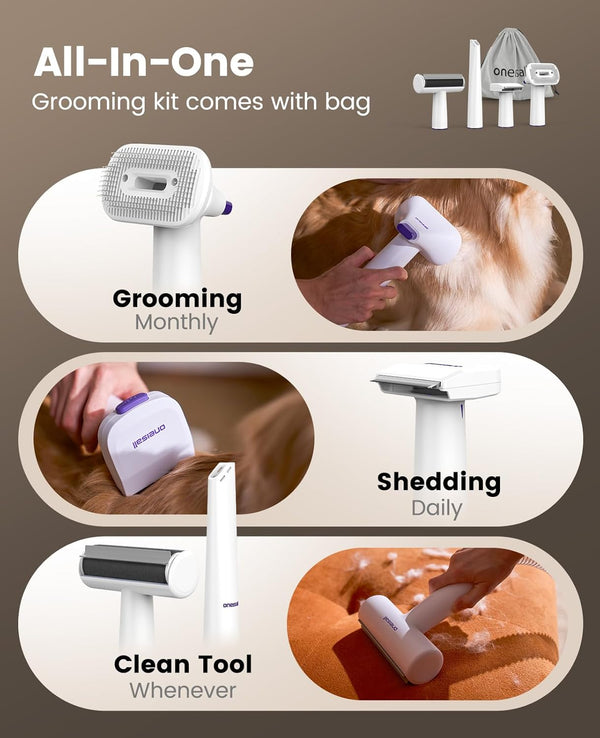 Oneisall Dog Hair Vacuum Shedding Grooming Brush Kits for Pet Thick Coats | 15000Pa,3 Suction Low Noise,1.5L Dust Cup,5 in 1 Kits(Grooming/Deshedding/Cleaning Brush,Remover Roller,Crevice Tool), LM52