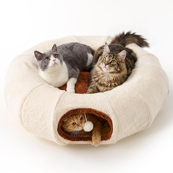 ZOMISIA Cat Tunnel Bed for Indoor Cats, Cute Cat Donut Toy Tunnel for Small Large Cats, Peekaboo Pet Cave Play Tunnel Toys for Kitten/Rabbit,Beige9