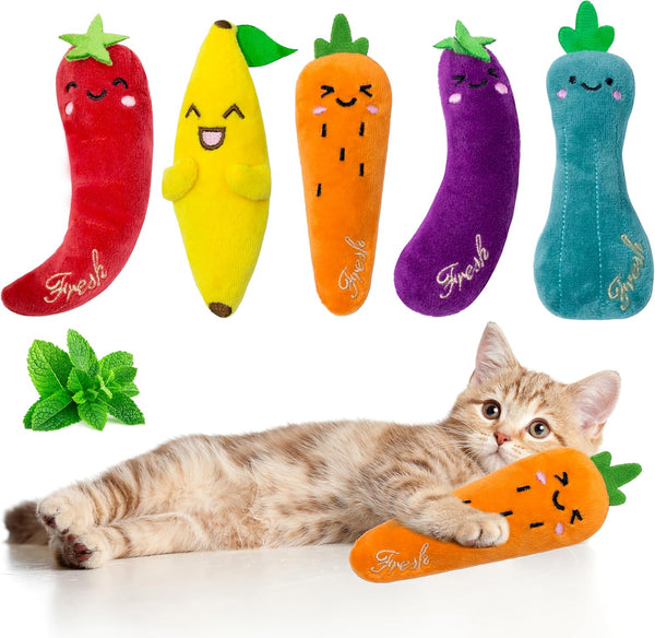 Seyezo Catnip Toys for Indoor Cats, 5 Pack Cat Toys for Cats, Fluffy Catnip Toys for Chewing Playing, Interactive Kitten Toys, Catnip Filled Kitty Chew Teething Toys, Cat Chew Toys, Vegetable,5 Pcs1