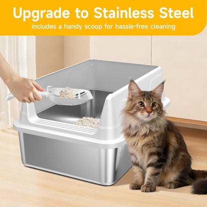 Stainless Steel Cat Litter Box with Scoop,M Metal Pan for Kittens | Metal Litter Box with High Sides & Lid, Open Top Low Entry , Non-Stick Easy Clean ，Kitty Cat Box for Indoor Cats, High Wall9