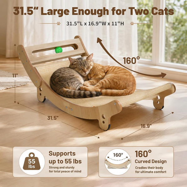 31.5" Sisal Cat Scratcher Bed with Bell Balls Wooden Cat Furniture(Xxl) | Cat Scratching Post for Indoor Cats Hammock.Natural Sisal Cat Scratch.Anti Slip and Stable without Shaking.Easy to Install2