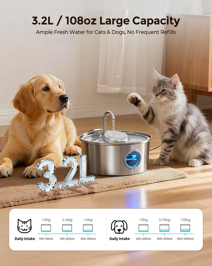 Invengo Cat Water Fountain Stainless Steel, 108Oz/3.2L Pet Fountain with Large Water Level Window, Ultra Quiet Automatic Cat Water Dispenser for Cats and Dogs, 2 Flow Modes, Splash-Proof Design2