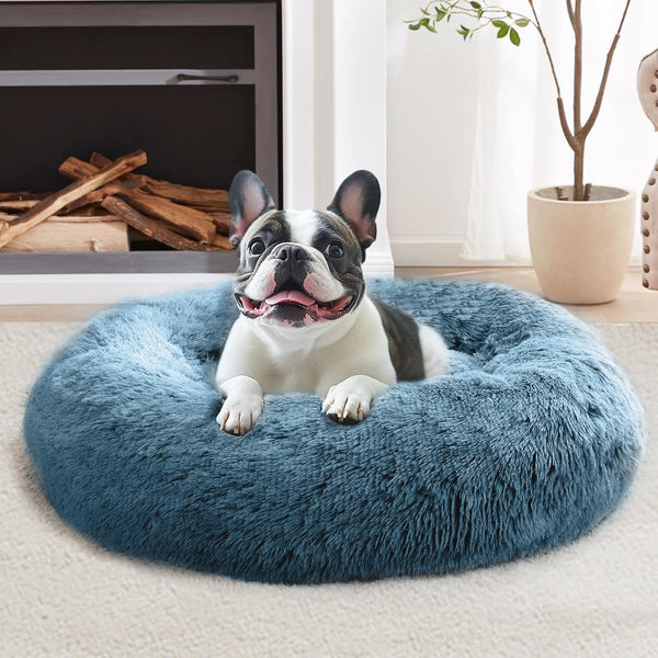 JOLLYVOGUE Small Dog Bed, Calming Dog Beds for Small Dogs & Indoor Cats - 20 Inches Donut Washable Cat Bed for Kittens & Puppies, round Fluffy Plush Faux Fur Pet Beds(Smoke Grey)57