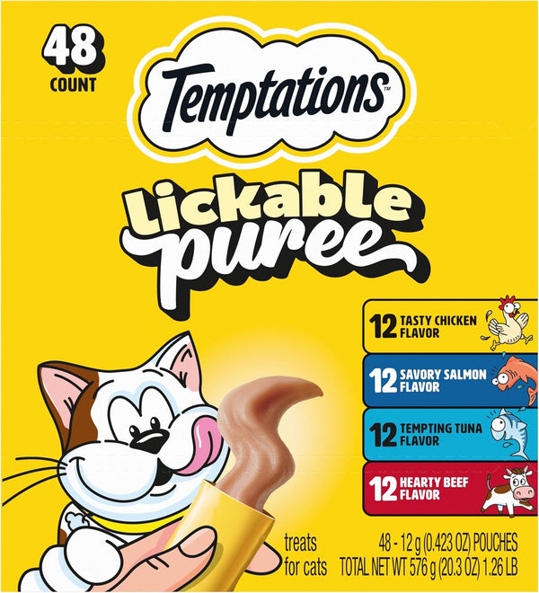 Temptations Creamy Puree Cat Treats, Beef, Chicken, Salmon & Tuna, 48 Count | Beef, Salmon, Chicken & Tuna, under 15 Cal/Tube, No Added Sugar or Fillers, Senior-Friendly, Meal Topper or Hand-Feed1