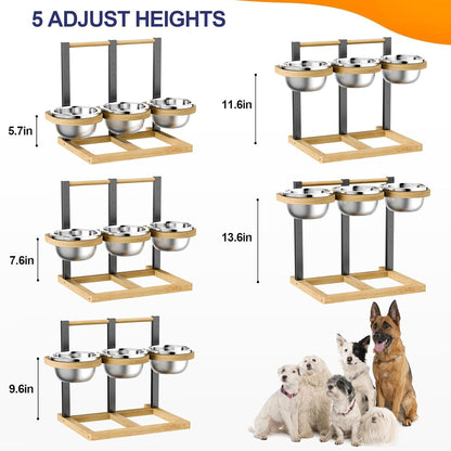 Elevated Dog Bowl,Bamboo Raised Dog Bowl,5-Height | Adjustable Dogs Food Bowls Stand,Dog Feeding Station with 3 Food and Water Bowls for Medium,Large Dogs2