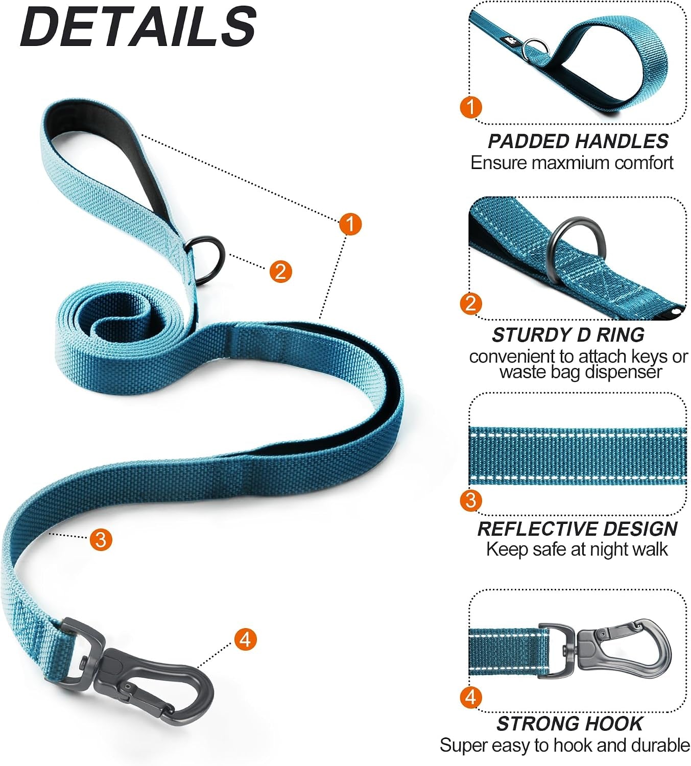 twoear-6ft-1in-strong-blue-dog-leash-with-2-padded-handles-traffic-handle-extra-control-comfortable-soft-dual-handle-auto-lock-hook-reflective-walking-lead-for-small-medium-and-large-dogs