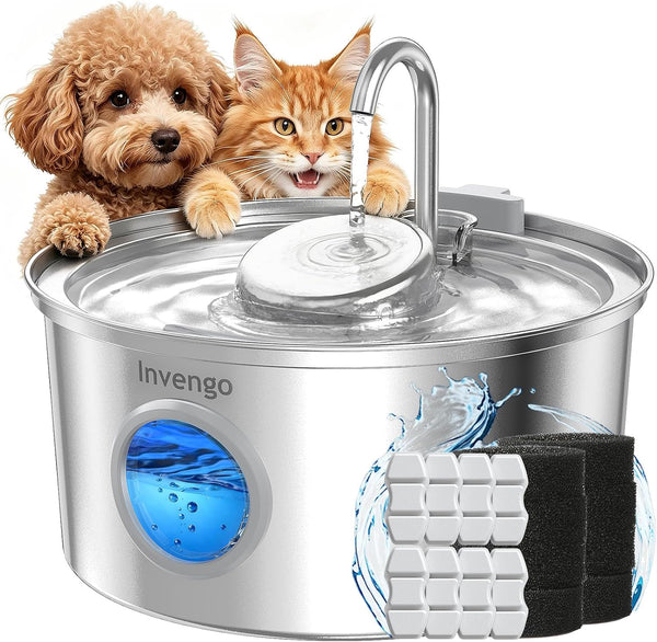 Invengo Cat Water Fountain Stainless Steel, 108Oz/3.2L Pet Fountain with Large Water Level Window, Ultra Quiet Automatic Cat Water Dispenser for Cats and Dogs, 2 Flow Modes, Splash-Proof Design12