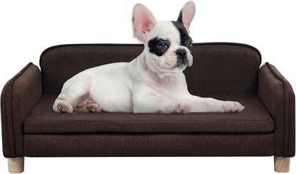Big Sized Dog Bed -Wooden Frame Pet Sofa Couch, Washable Cushion Cat Couch, Linen Fabric Dog Sofa and Chair for Medium Pet Rest. (Brown)1