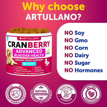 Dog UT Treats - Cranberry Chews for Dogs - Urinary Tract & Bladder Support Supplement with Natural Cranberry Extract - Tasty 120 Soft Bites for Daily Wellness with Fish Oil, Pumpkin, D-Mannose5