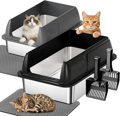 Gimars 2 Pack XL Stainless Steel Cat Litter Box for Big & Senior Cats, Multi-Cat Metal Litter Pan with High Sides, Odor-Resistant & Easy Clean, Includes Litter Scoop, Litter Mat & Anti-Slip Pads11