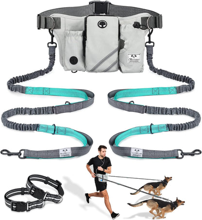 SHINE HAI Retractable Hands Free Dog Leash with Dual Bungees for 2 Dogs, Adjustable Waist Belt Fanny Pack, Reflective Stitching Leash for Running Walking Hiking Jogging Biking Black9