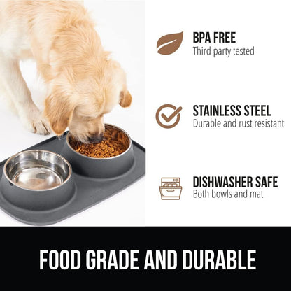 GORILLA GRIP Patented Dog Bowl Set with Slip Resistant Silicone Feeding Mat, Food Grade 304 Stainless Steel Bowls, BPA Free High Edge Spill Containment Dishwasher Safe, Finger Notch Removal 2 Cup Gray5