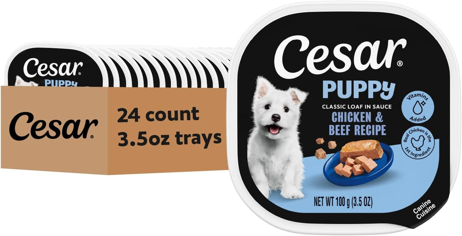 cesar-puppy-classic-loaf-wet-dog-food-chicken-beef-3-5-oz-24-count-real-chicken-1-ingredient-made-in-usa-no-fillers-or-artificial-flavors-essential-nutrients-slow-cooked-easy-peel-trays