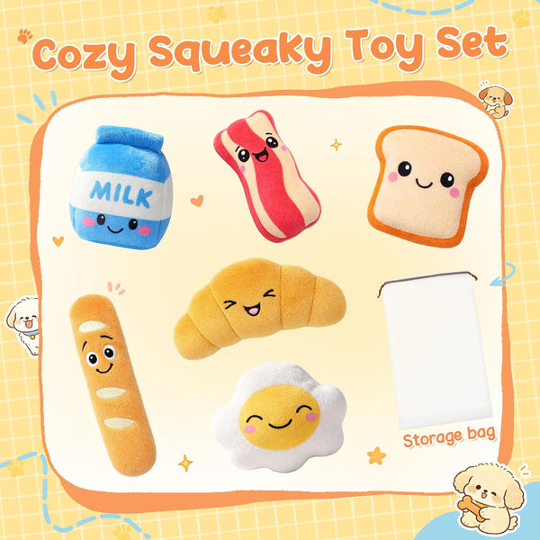 KIPRITII Dog Squeaky Toys for Small Dogs, Breakfast-Themed Puppy Toys to Keep Them Busy, Plush Toys with Squeaker for Interactive Play, Includes Storage Bag2