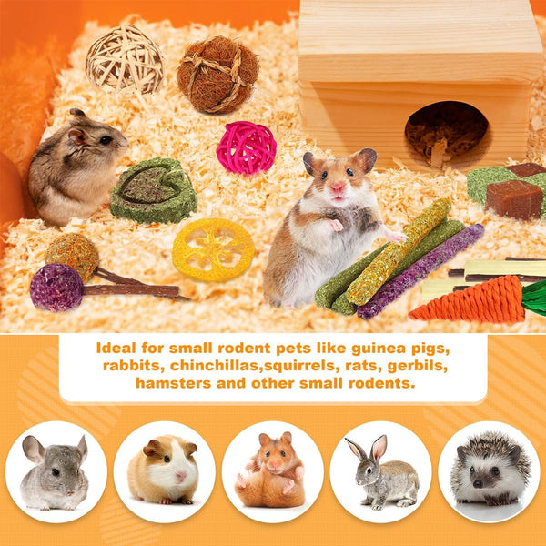 YIXUND Rabbit & Guinea Pig Toys - Natural Timothy Hay & Apple Wood Sticks for Teeth Care - Handmade for Hamster, Bunny, Chinchilla (27 Pcs)4