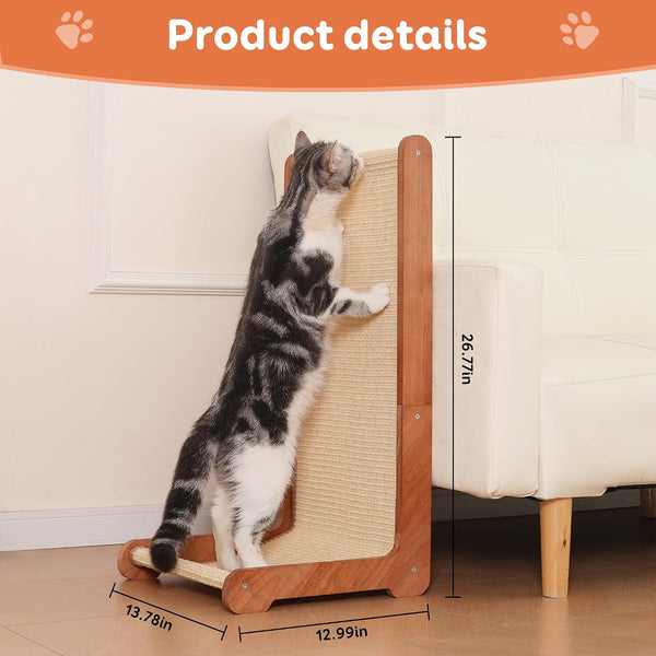 Large Cat Scratching Post for Indoor Cats,26.8'' Solid Wood Frame Natural Sisal L Shape Cat Scratch Pad, Vertical Cat Scratcher,Cat Scratching Board Cat Scratch Post,Perfect Cat Furniture2