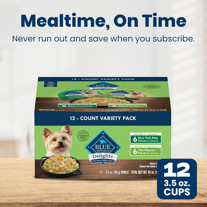 Blue Buffalo Delights Variety Pack Natural Grain Free Wet Dog Food for Small Breed Dogs (Filet Mignon Flavor & New York Strip Flavor) in Gravy with Natural Ingredients, 3.5-Oz. Each (12 Cups)10
